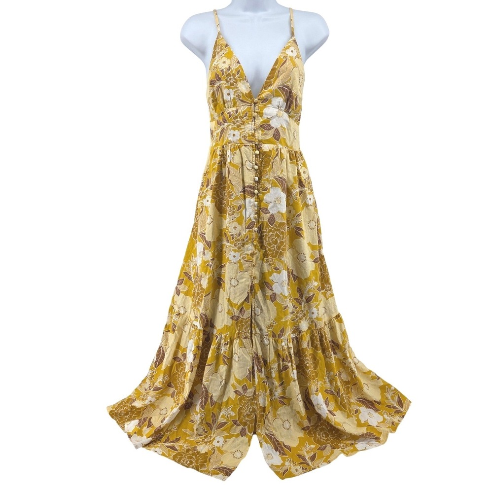 Abercrombie & Fitch Maxi Dress Yellow‎ Floral Tiered Smocked Slit Boho Summer S - Picture 2 of 12